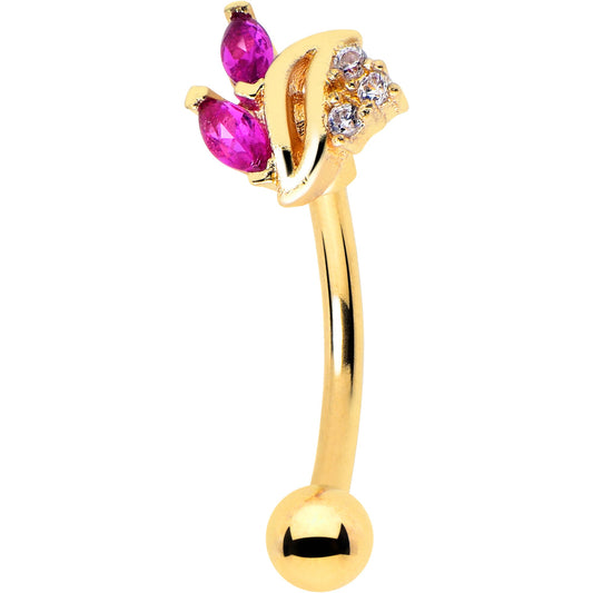 16G 5/16 Red CZ Gem Gold Tone Swirl Fan Curved Eyebrow Ring