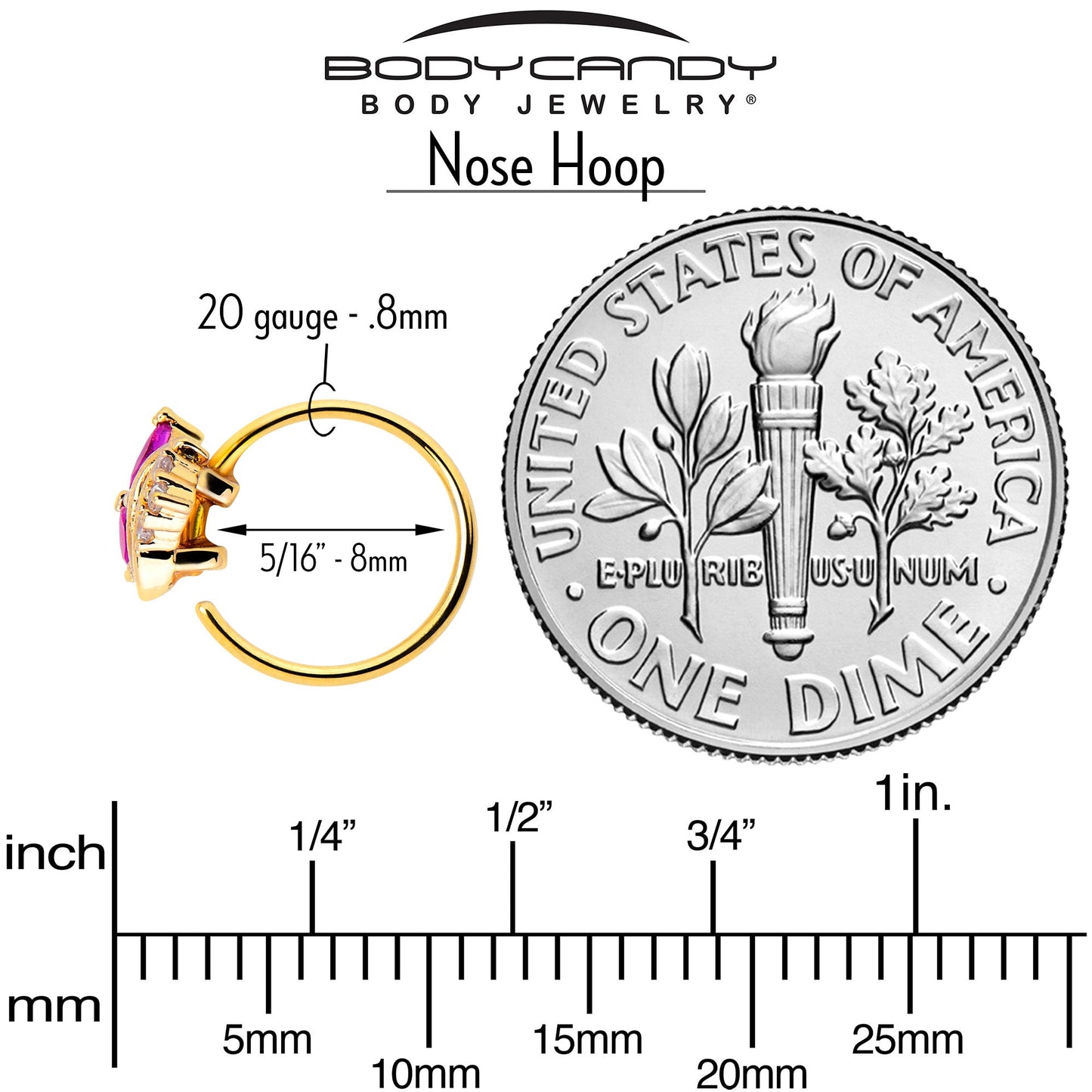 20G 5/16 Red CZ Gem Gold Tone Swirl Fan Nose Hoop