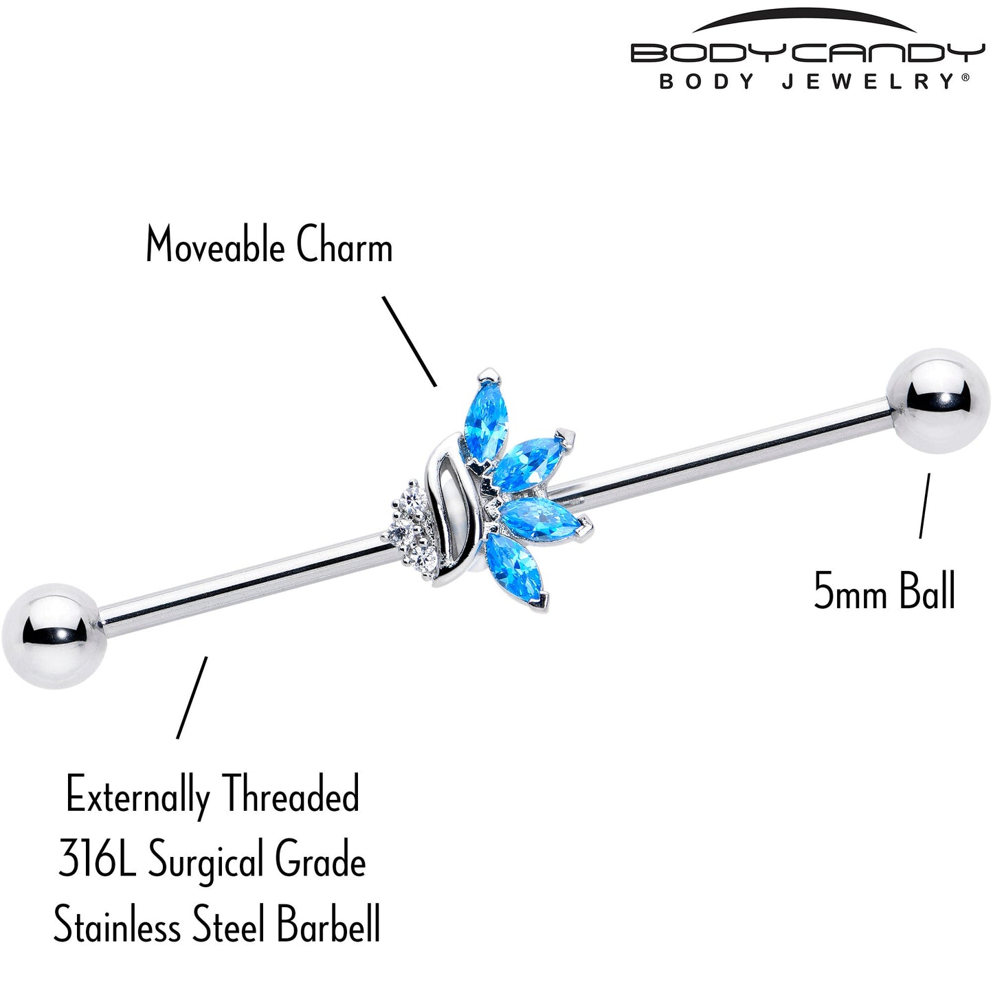 14G Blue CZ Gem Swirl Fan Industrial Barbell 38mm