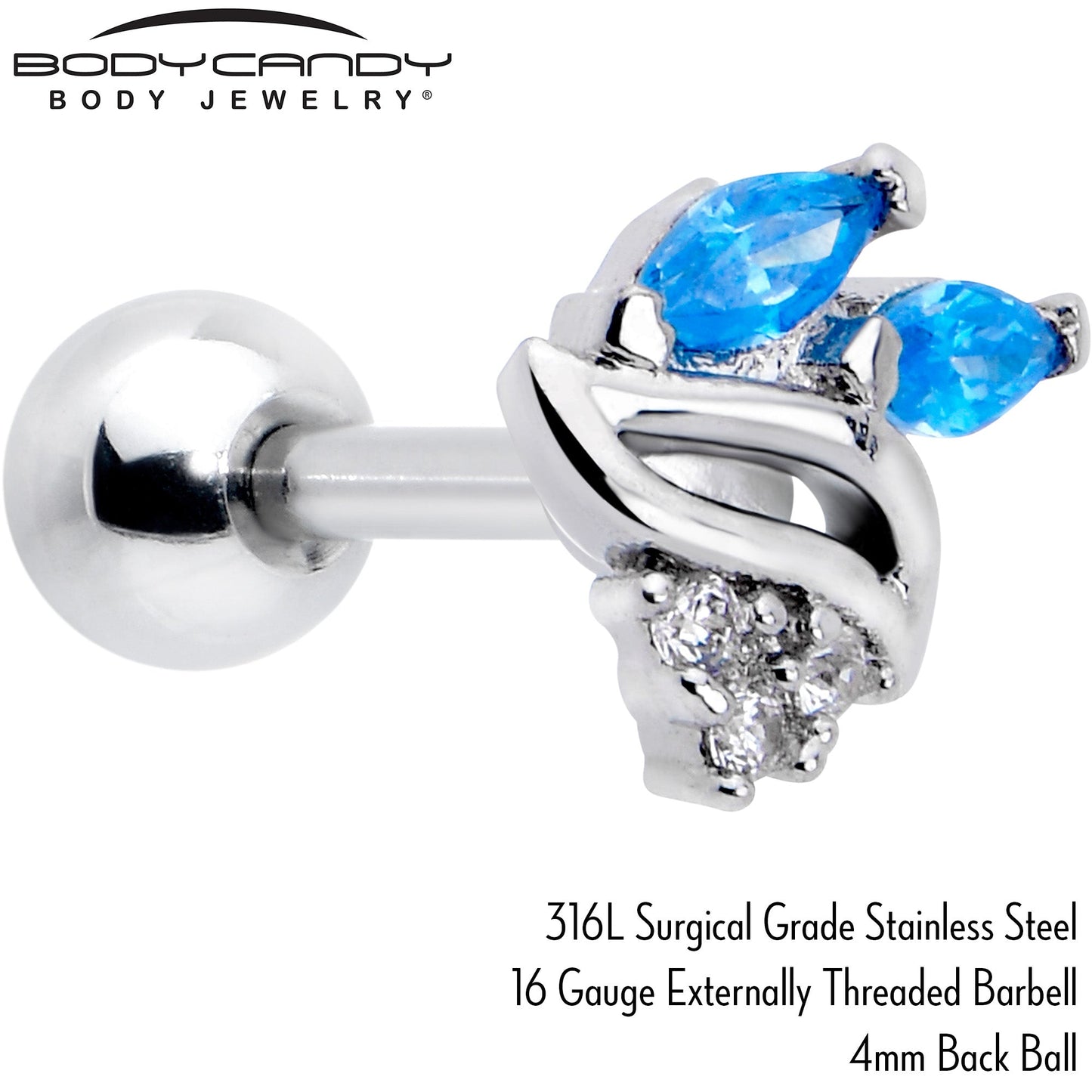 16G 1/4 Blue CZ Gem Swirl Fan Cartilage Tragus Earring