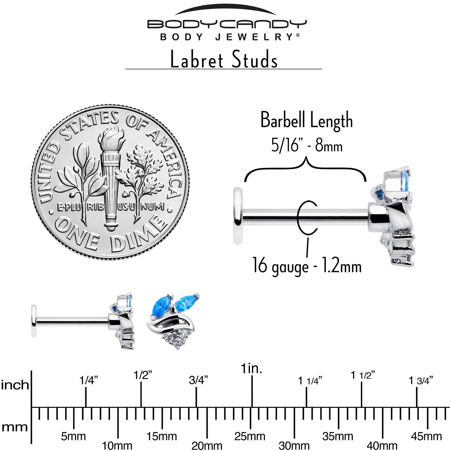 16G 5/16 Blue CZ Gem Swirl Fan Labret Monroe Tragus