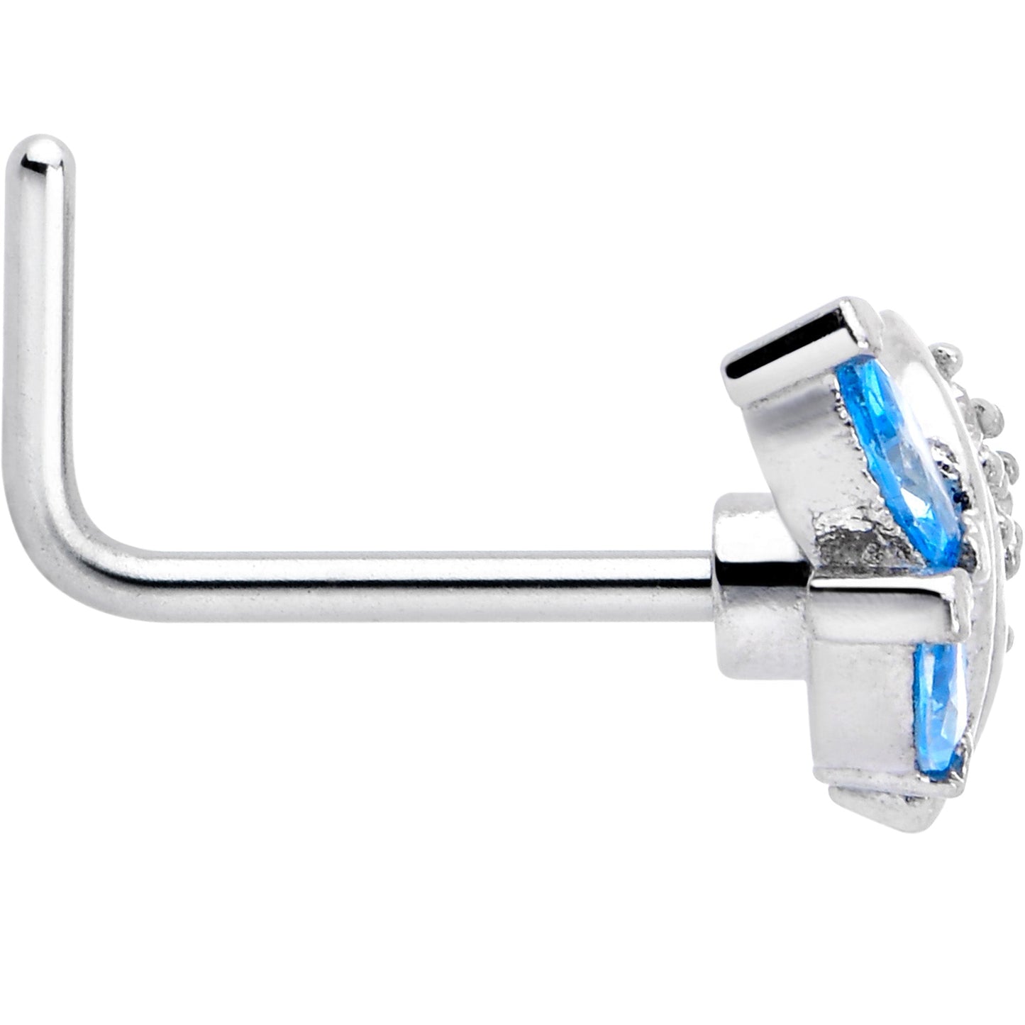 20G 7mm Blue CZ Gem Swirl Fan L Shape Nose Ring