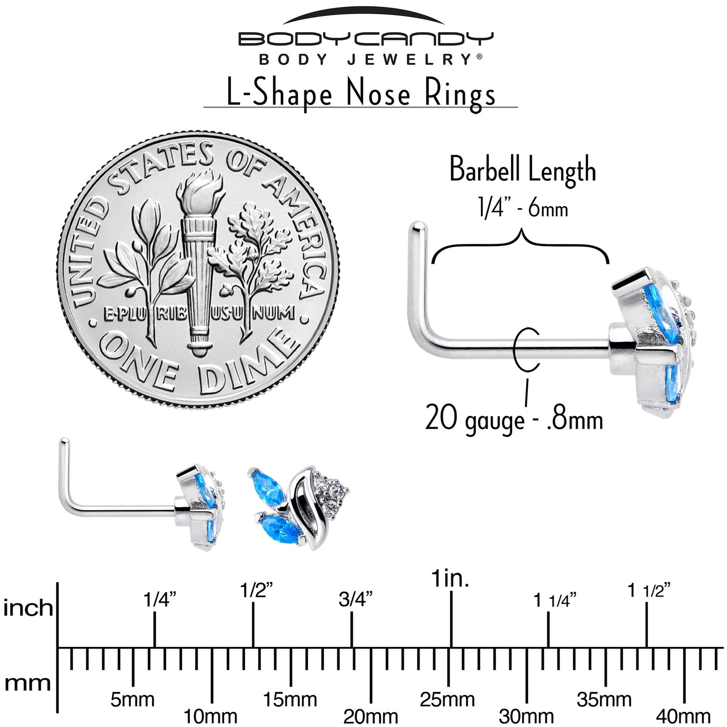 20G 7mm Blue CZ Gem Swirl Fan L Shape Nose Ring