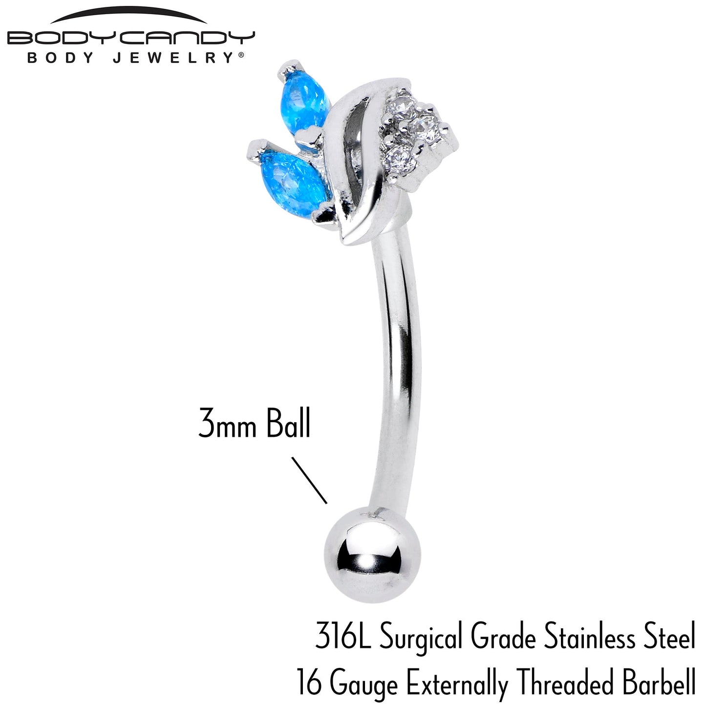 16G 5/16 Blue CZ Gem Swirl Fan Curved Eyebrow Ring