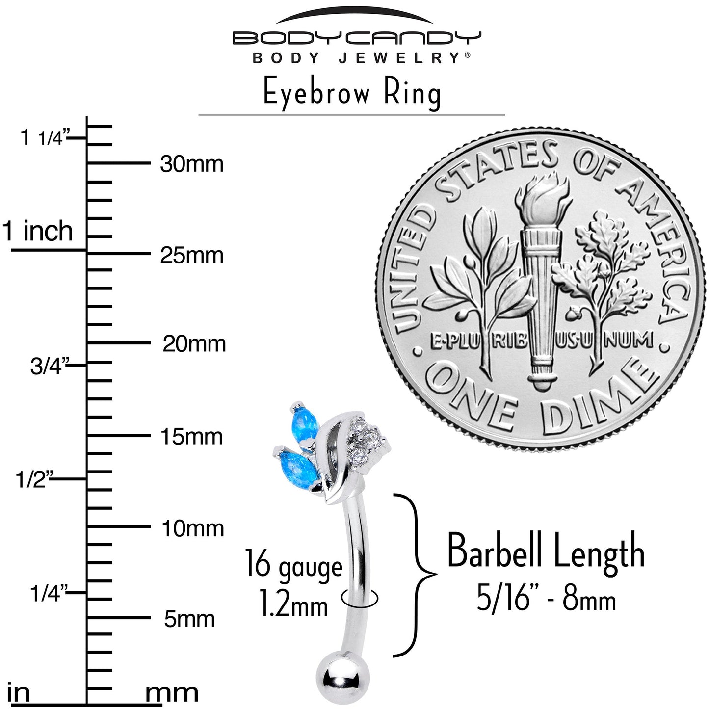 16G 5/16 Blue CZ Gem Swirl Fan Curved Eyebrow Ring