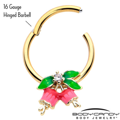 16G 3/8 Clear CZ Gem Gold Tone Bell Flowers Hinged Segment Ring