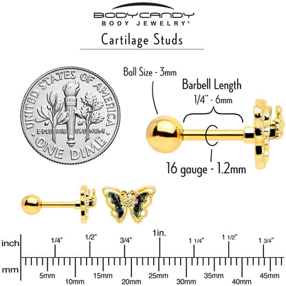 16G 1/4 Vitrail Gem Gold Tone Classic Butterfly Cartilage Earring