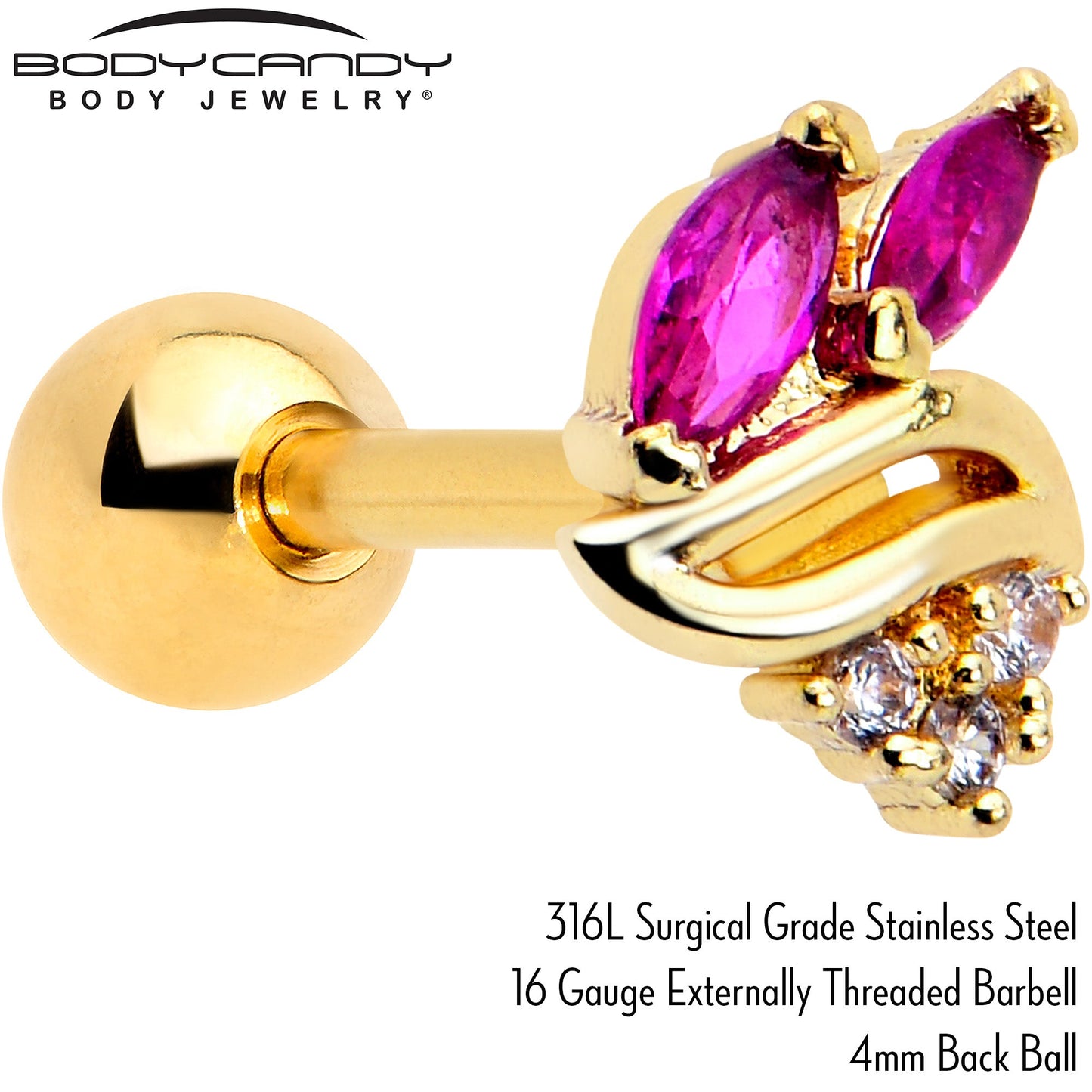 16G 1/4 Red CZ Gem Gold Tone Swirl Fan Cartilage Tragus Earring