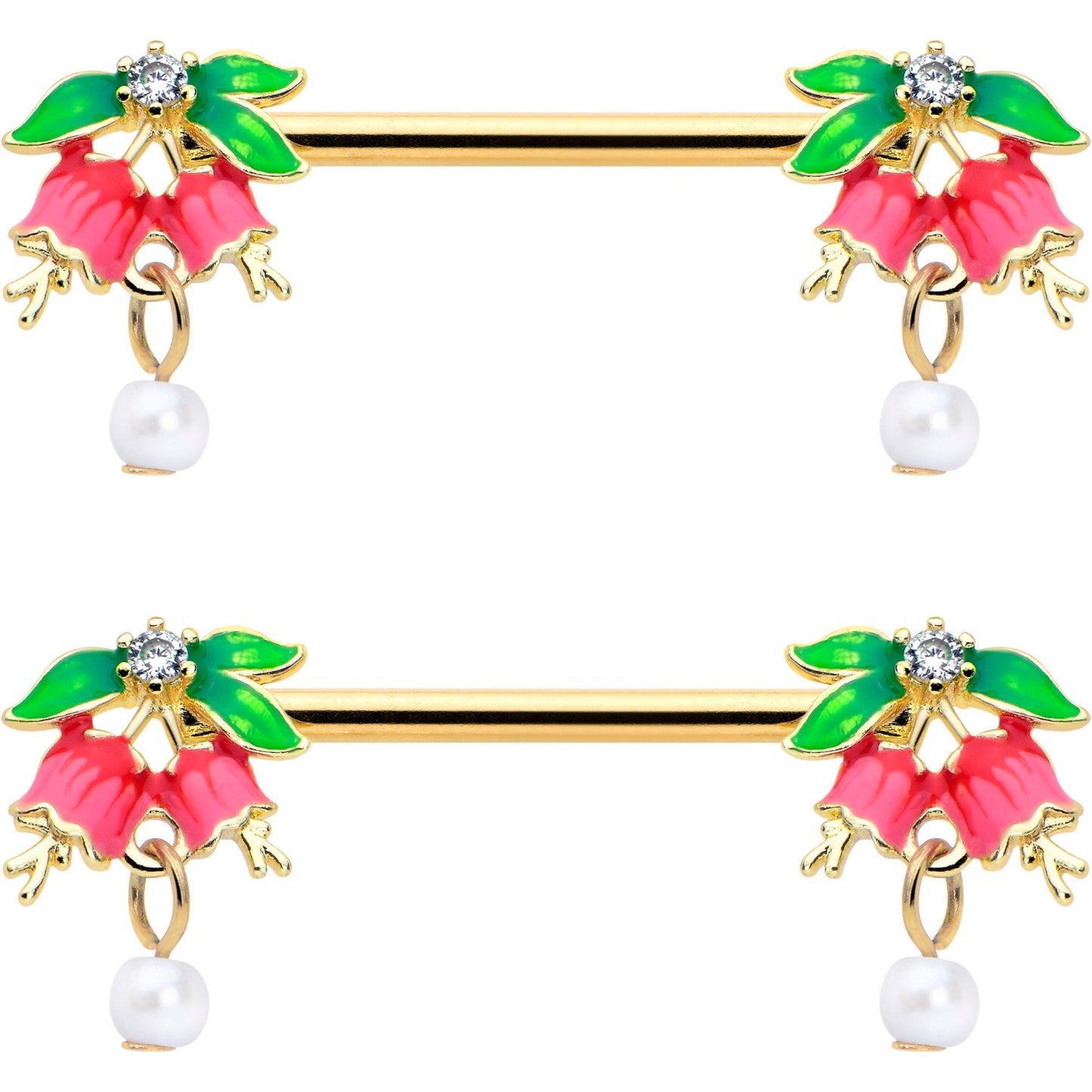 14G 9/16 Clear CZ Gem Gold Hue Bell Flower Barbell Nipple Ring Set