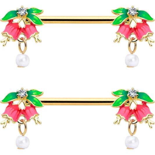 14G 9/16 Clear CZ Gem Gold Hue Bell Flower Barbell Nipple Ring Set