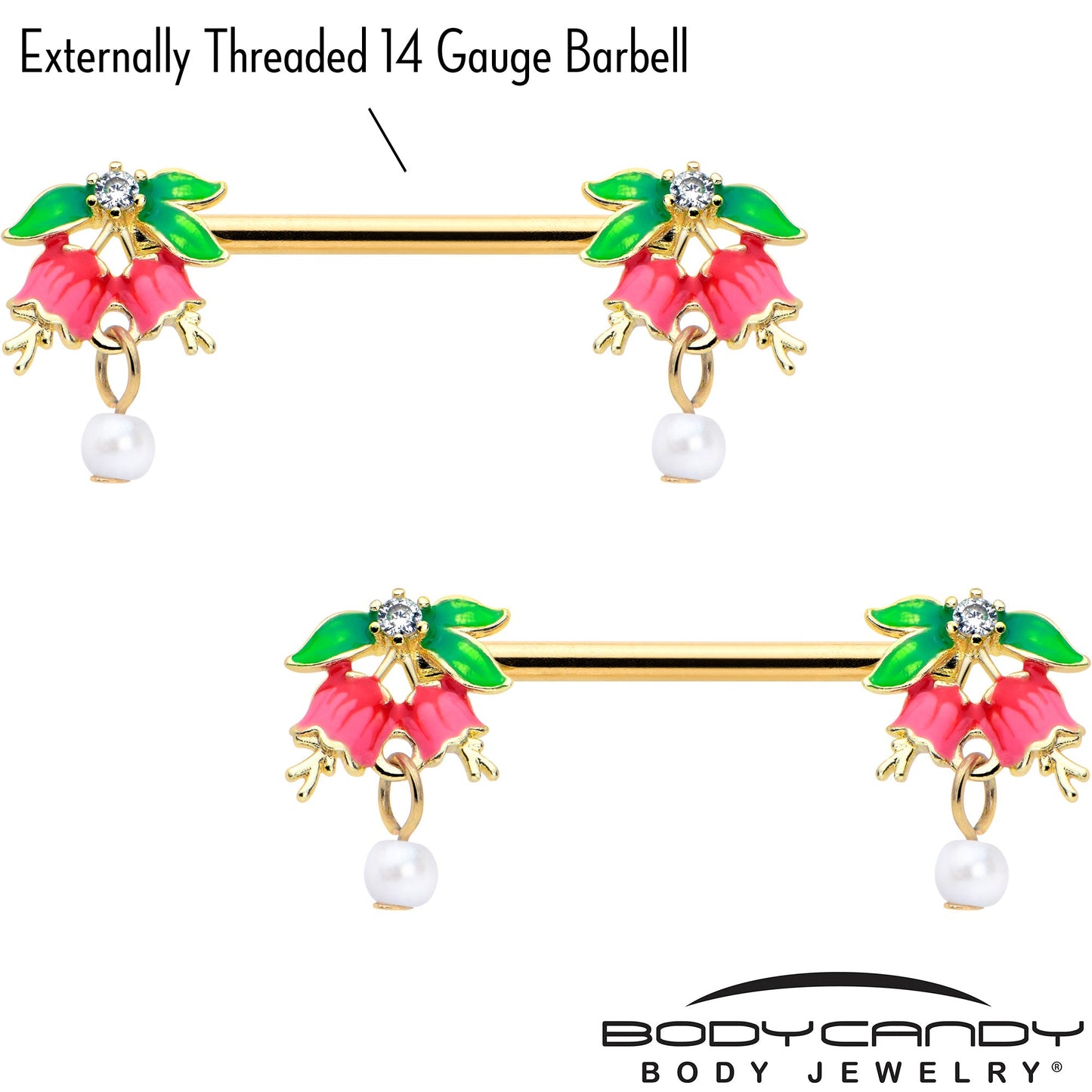 14G 9/16 Clear CZ Gem Gold Hue Bell Flower Barbell Nipple Ring Set