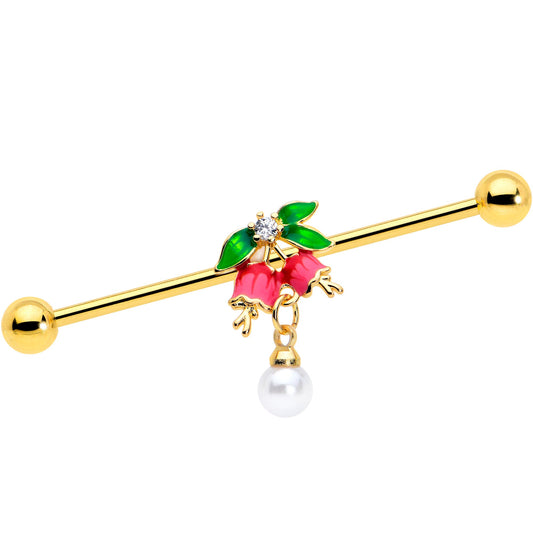 14G Clear CZ Gem Gold Tone Bell Flower Industrial Barbell 38mm