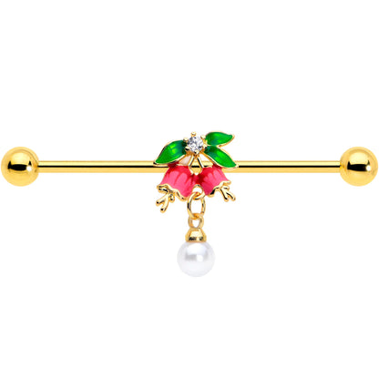 14G Clear CZ Gem Gold Tone Bell Flower Industrial Barbell 38mm