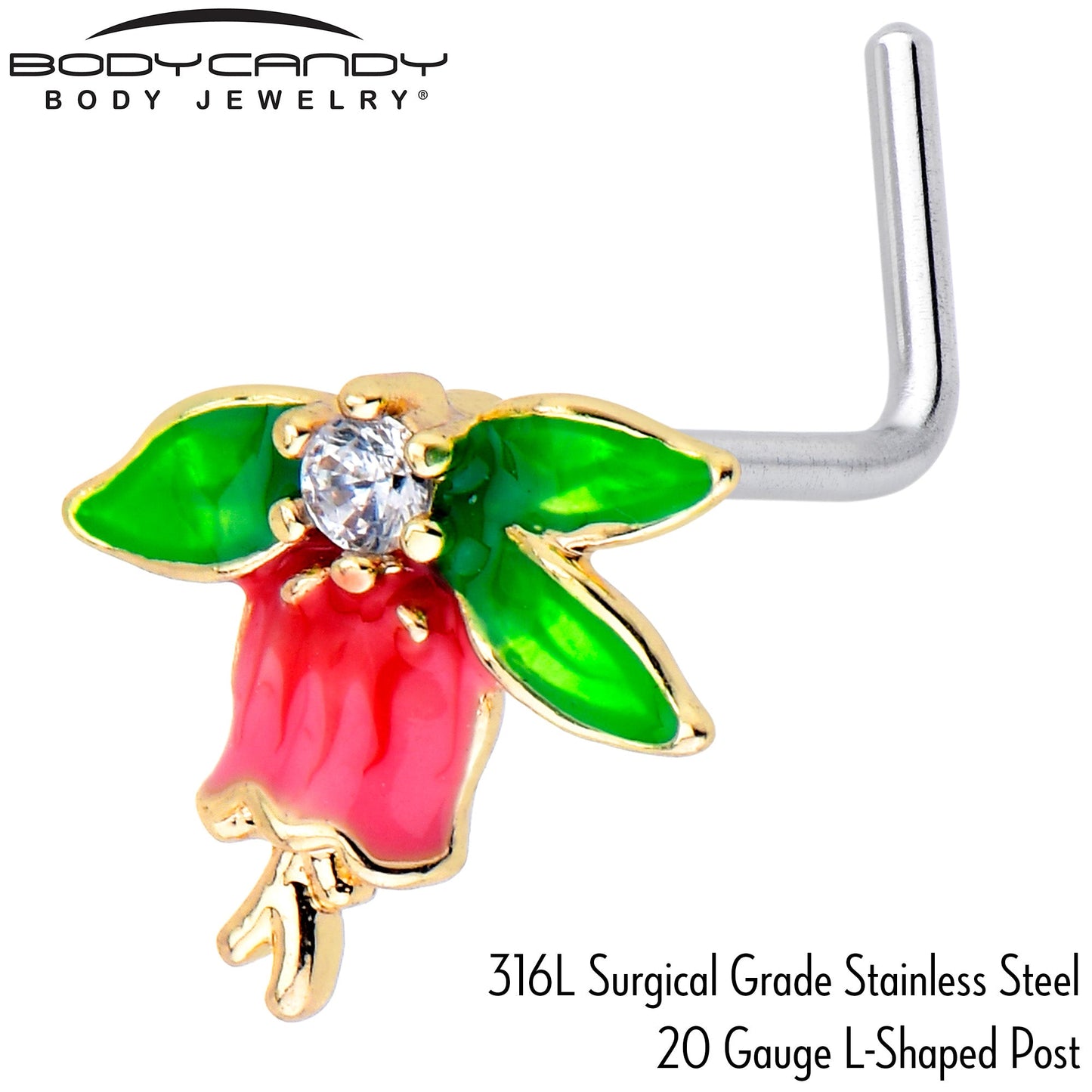 20G 7mm Clear CZ Gem Bell Flower L Shape Nose Ring