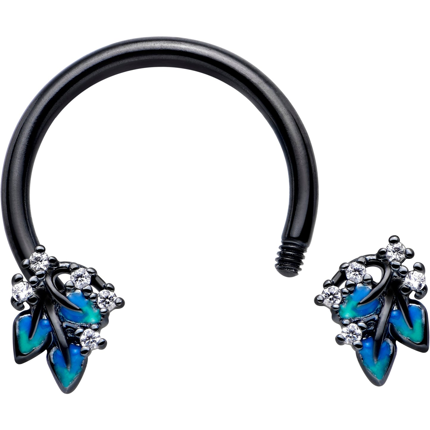 16G 3/8 Clear CZ Gem Black Lush Leaves Circular Barbell Horseshoe
