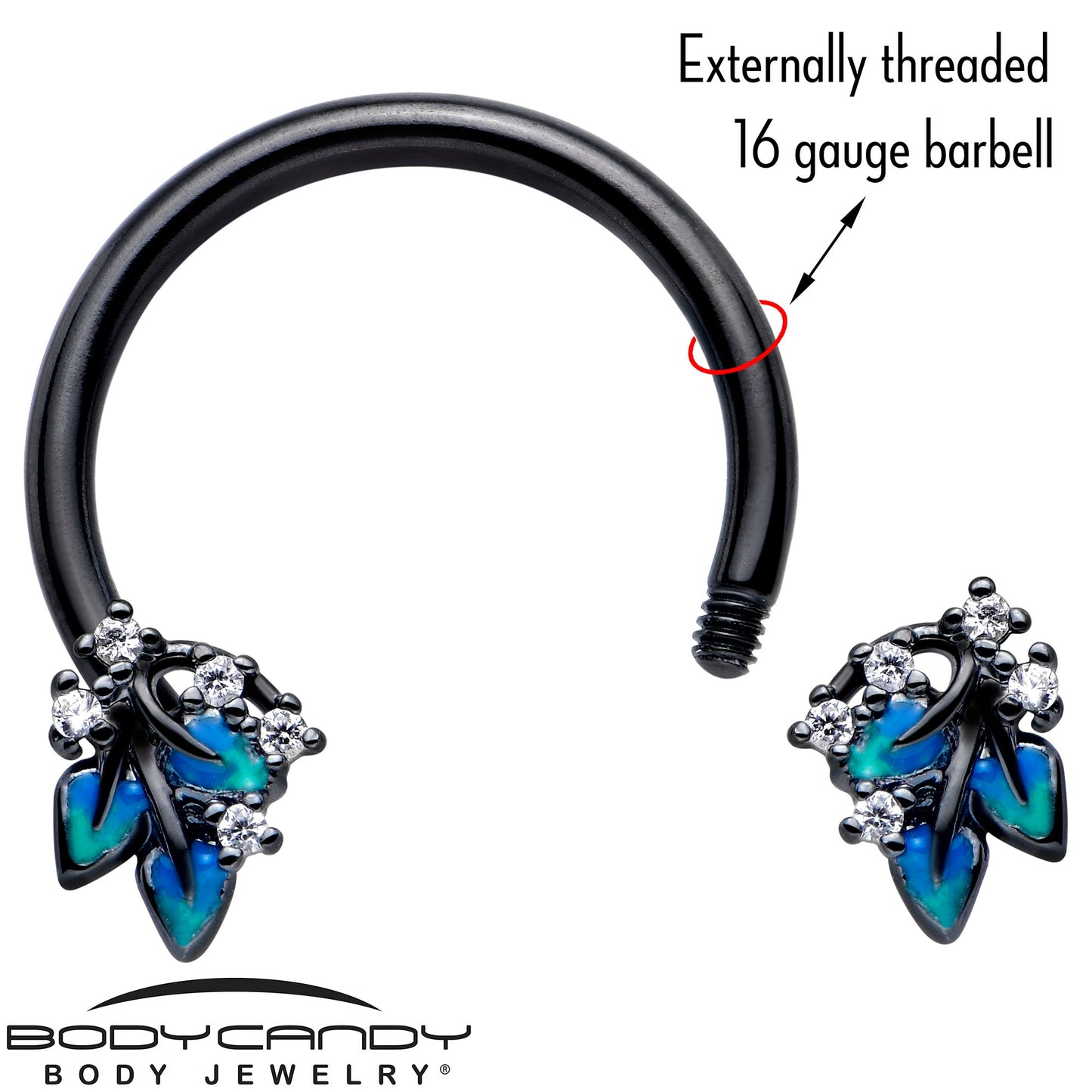 16G 3/8 Clear CZ Gem Black Lush Leaves Circular Barbell Horseshoe