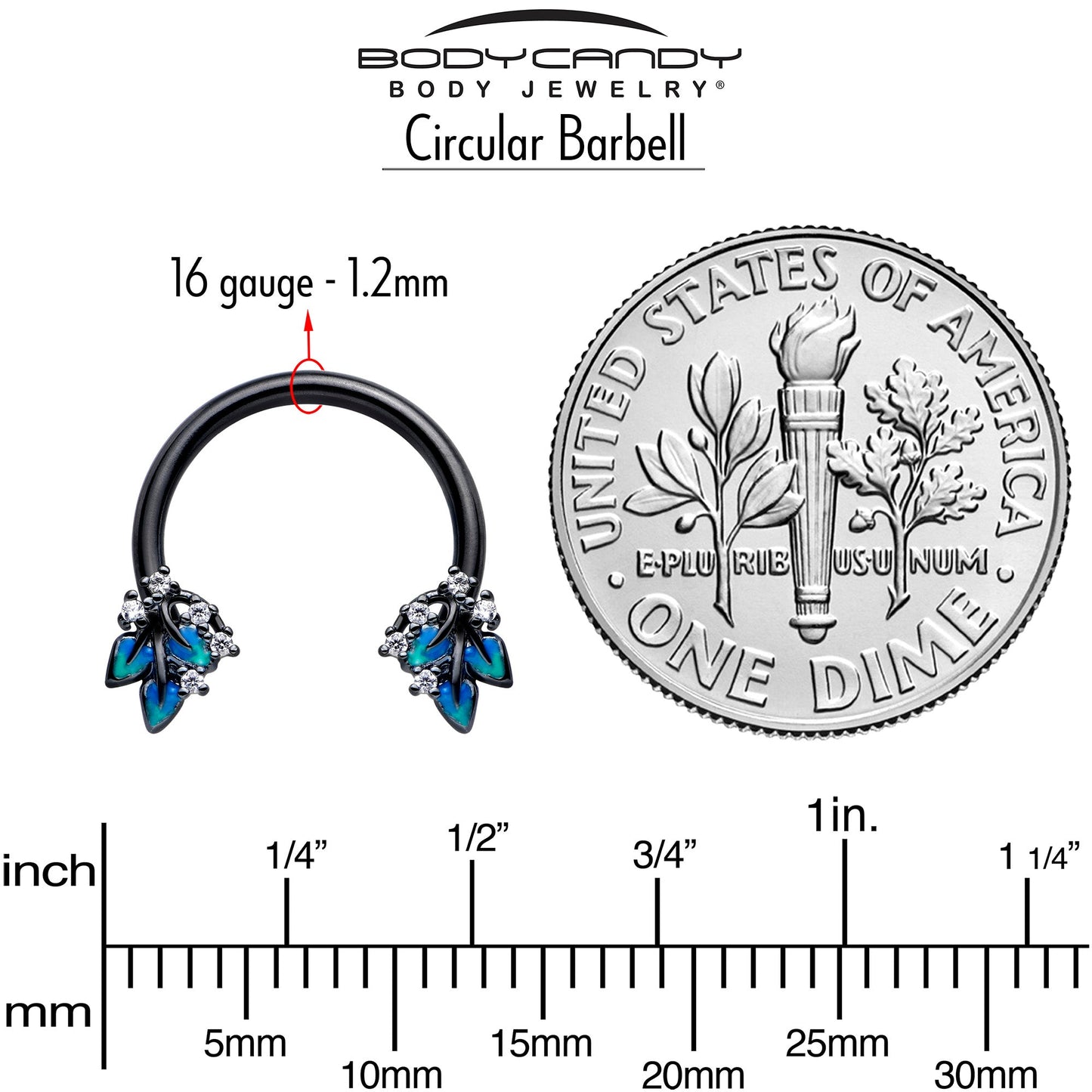 16G 3/8 Clear CZ Gem Black Lush Leaves Circular Barbell Horseshoe