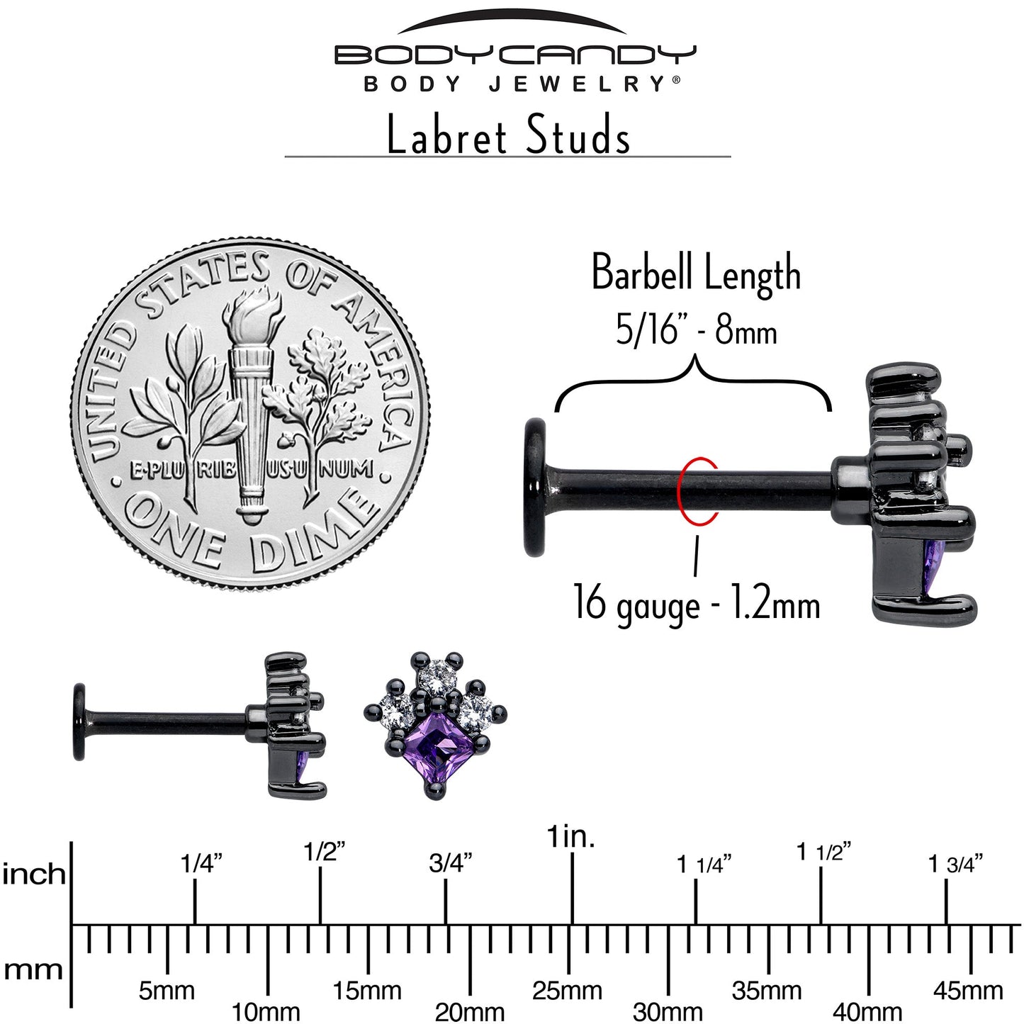 16G 5/16 Purple CZ Gem Black Rhombus Riot Labret Monroe Tragus