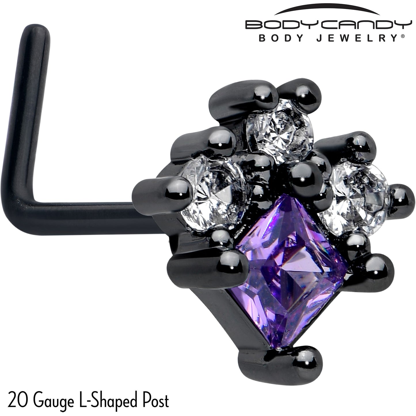 20G 7mm Purple CZ Gem Black Rhombus Riot L Shape Nose Ring