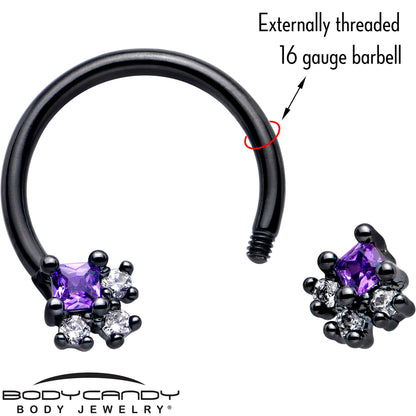 16G 3/8 Purple CZ Gem Black Rhombus Riot Horseshoe Circular Barbell