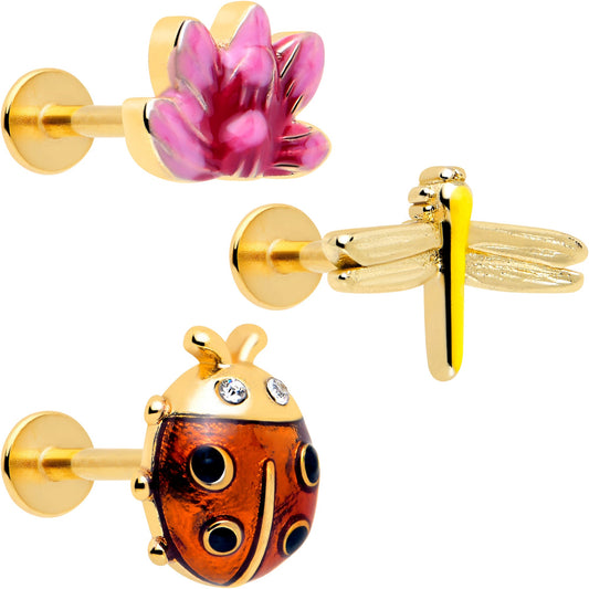 16G 5/16 Clear Gem Gold Tone Ladybug Lotus Labret Tragus Set of 3