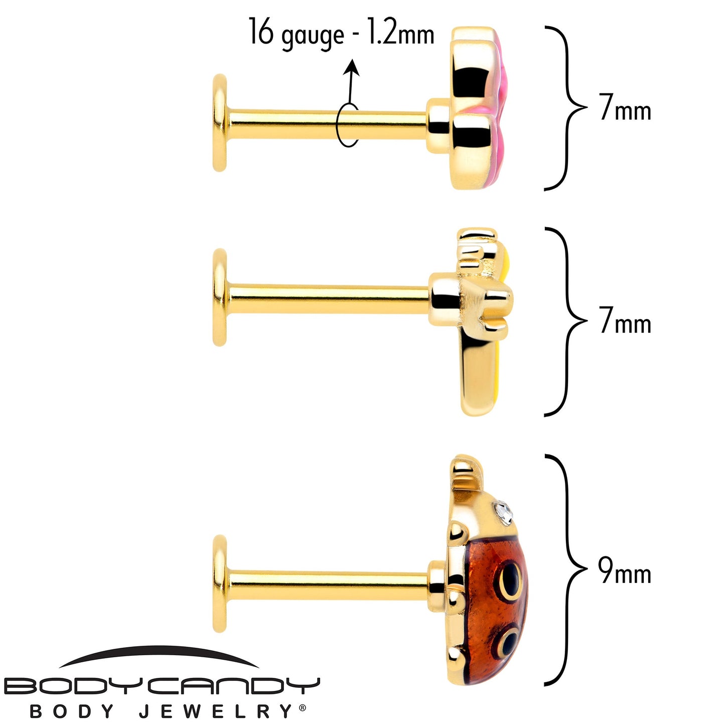 16G 5/16 Clear Gem Gold Tone Ladybug Lotus Labret Tragus Set of 3