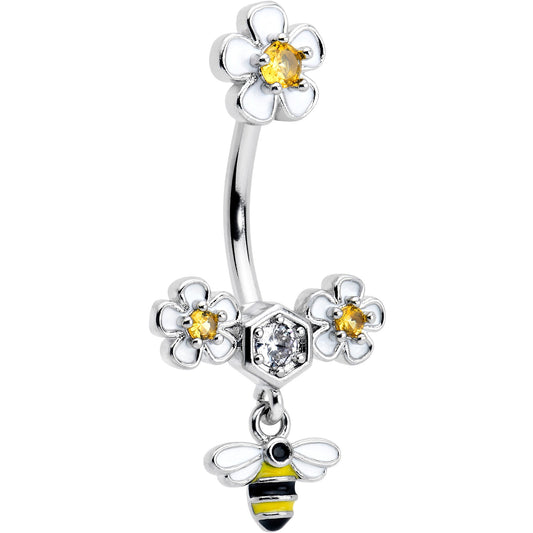Yellow Clear CZ Gem Flower Bee Dangle Double Mount Belly Ring