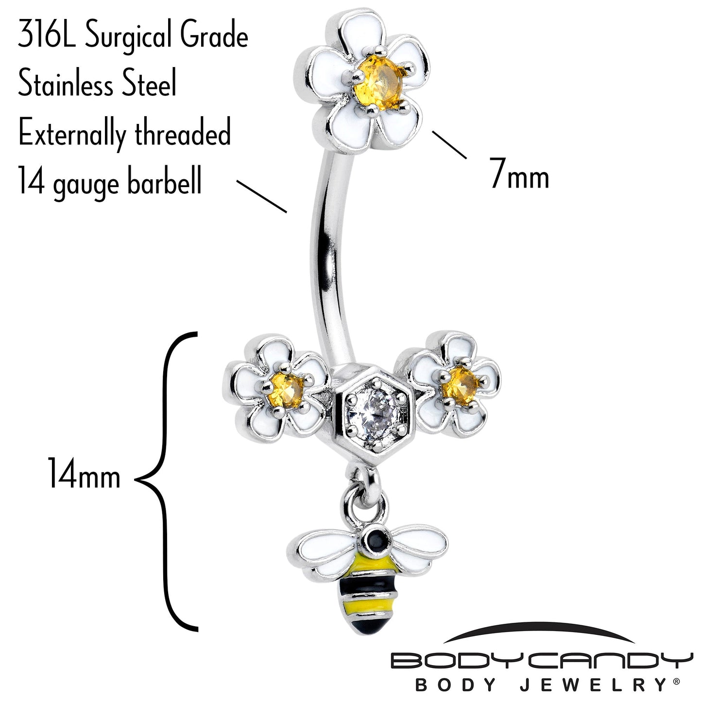Yellow Clear CZ Gem Flower Bee Dangle Double Mount Belly Ring