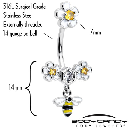 Yellow Clear CZ Gem Flower Bee Dangle Double Mount Belly Ring