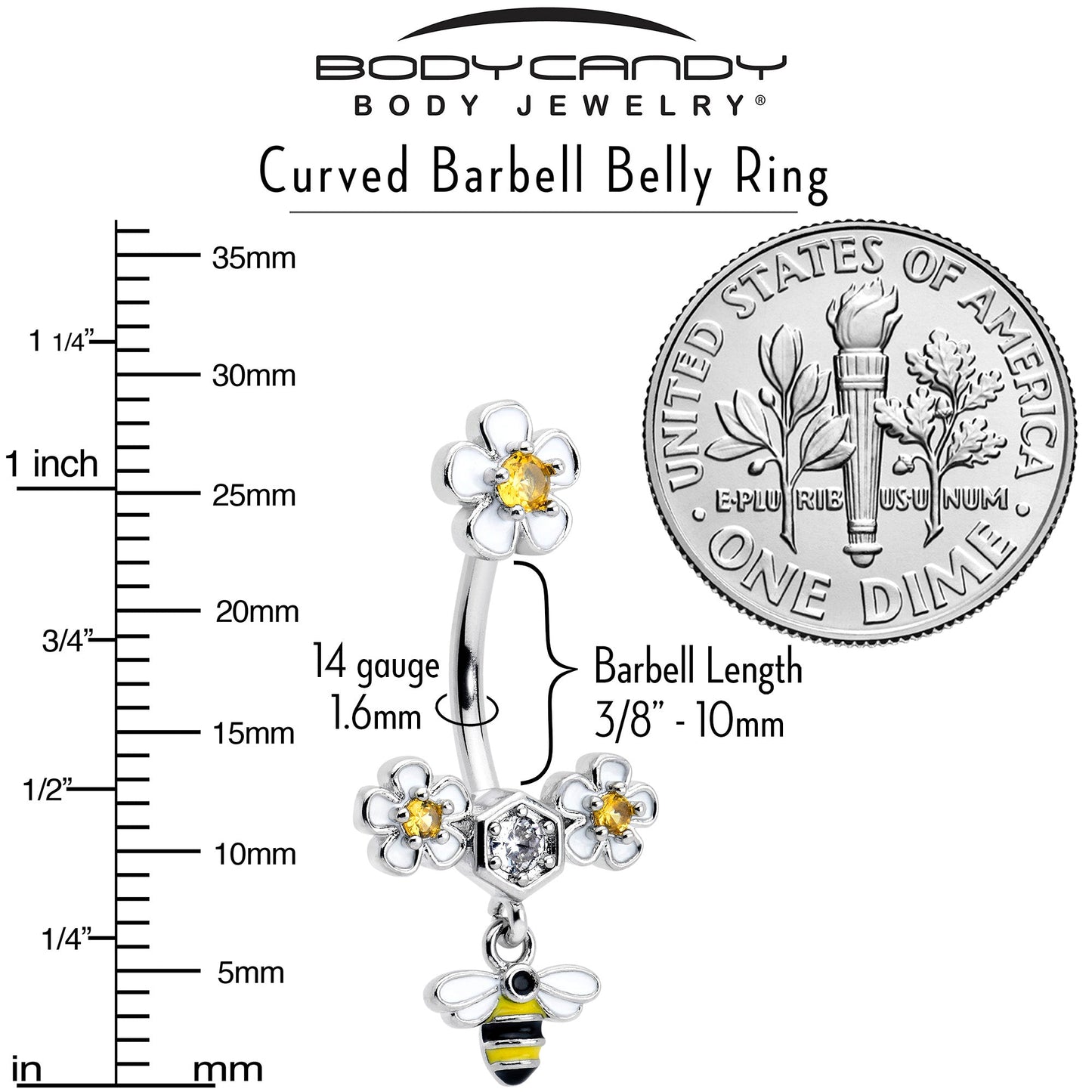 Yellow Clear CZ Gem Flower Bee Dangle Double Mount Belly Ring