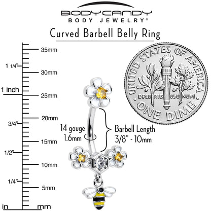 Yellow Clear CZ Gem Flower Bee Dangle Double Mount Belly Ring
