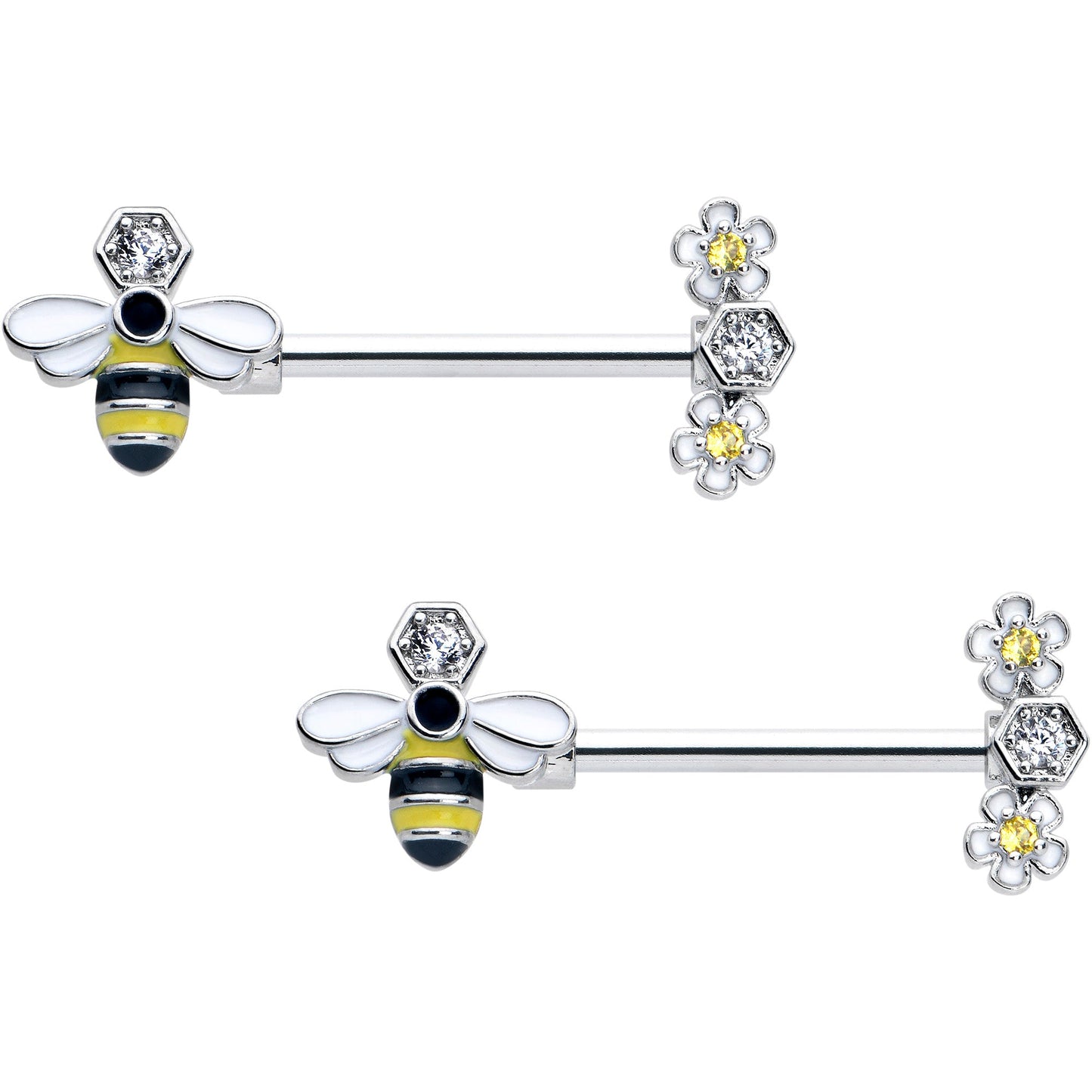 14G 9/16 Yellow Clear CZ Gem Flower Bee Barbell Nipple Ring Set