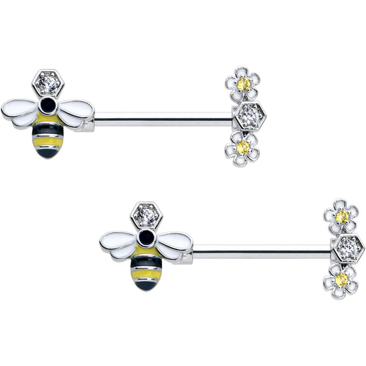 14G 9/16 Yellow Clear CZ Gem Flower Bee Barbell Nipple Ring Set
