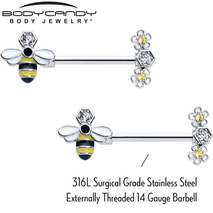 14G 9/16 Yellow Clear CZ Gem Flower Bee Barbell Nipple Ring Set