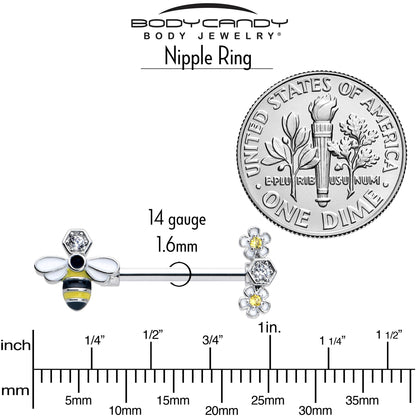 14G 9/16 Yellow Clear CZ Gem Flower Bee Barbell Nipple Ring Set