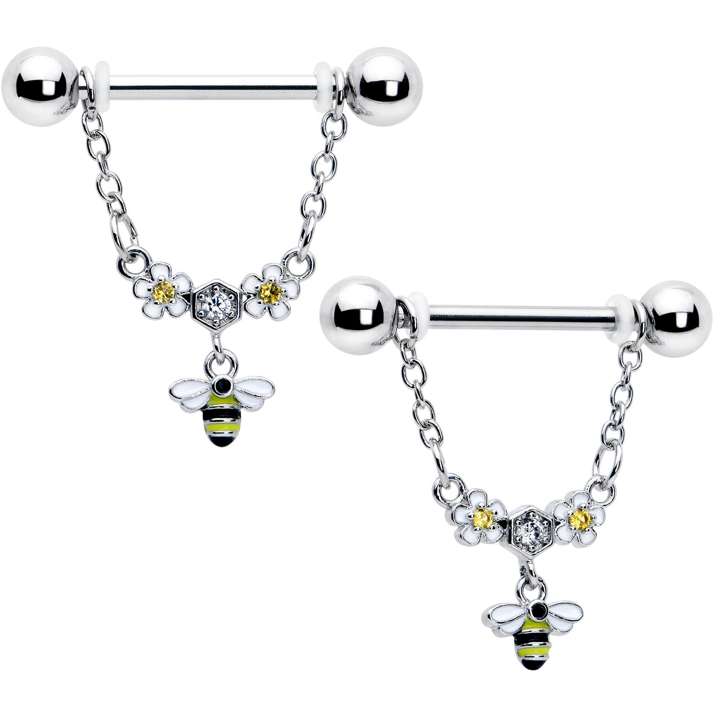 14G 9/16 Yellow CZ Gem Flower Bee Chain Dangle Nipple Ring Set