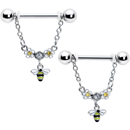 14G 9/16 Yellow CZ Gem Flower Bee Chain Dangle Nipple Ring Set