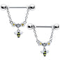 14G 9/16 Yellow CZ Gem Flower Bee Chain Dangle Nipple Ring Set