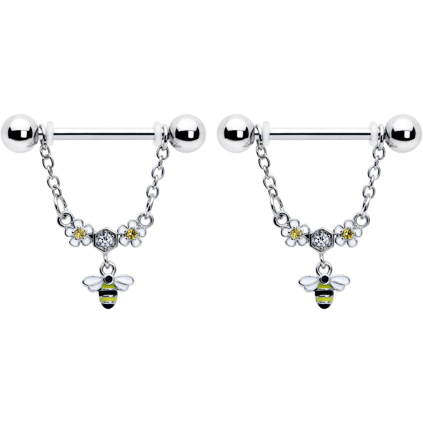 14G 9/16 Yellow CZ Gem Flower Bee Chain Dangle Nipple Ring Set