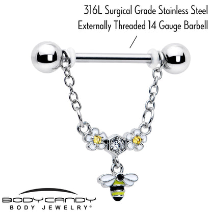 14G 9/16 Yellow CZ Gem Flower Bee Chain Dangle Nipple Ring Set