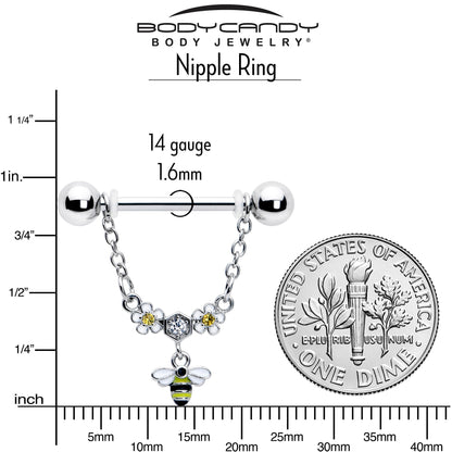14G 9/16 Yellow CZ Gem Flower Bee Chain Dangle Nipple Ring Set