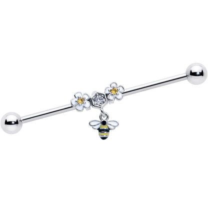 14G Yellow CZ Gem Flower Bee Dangle Industrial Barbell 38mm