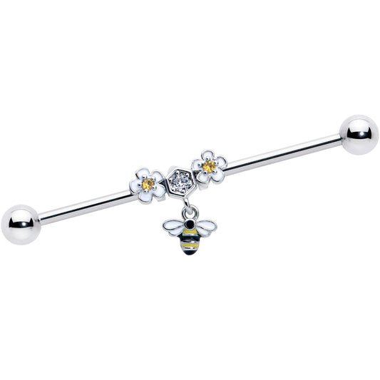 14G Yellow CZ Gem Flower Bee Dangle Industrial Barbell 38mm