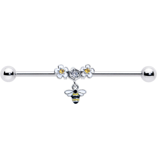 14G Yellow CZ Gem Flower Bee Dangle Industrial Barbell 38mm