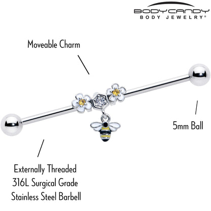 14G Yellow CZ Gem Flower Bee Dangle Industrial Barbell 38mm