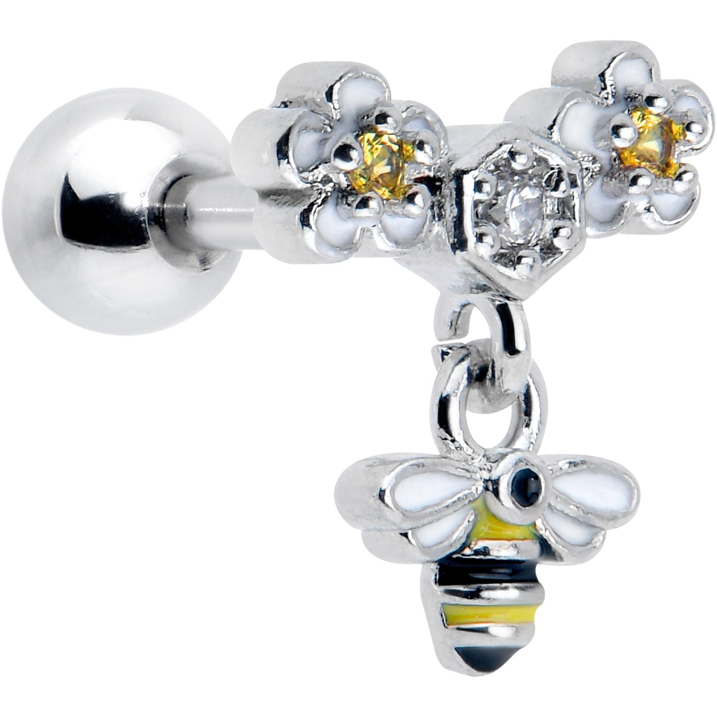 16G 1/4 Yellow CZ Gem Flower Bee Dangle Cartilage Tragus Earring