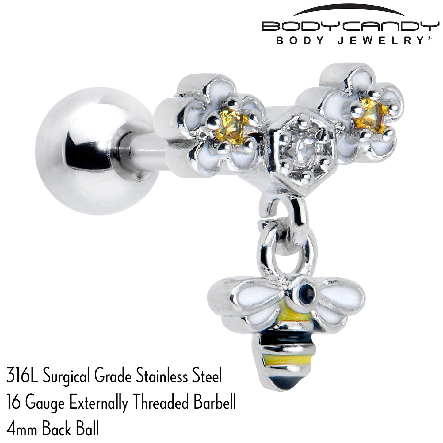 16G 1/4 Yellow CZ Gem Flower Bee Dangle Cartilage Tragus Earring