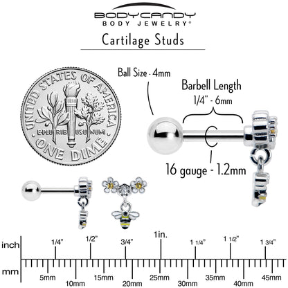 16G 1/4 Yellow CZ Gem Flower Bee Dangle Cartilage Tragus Earring