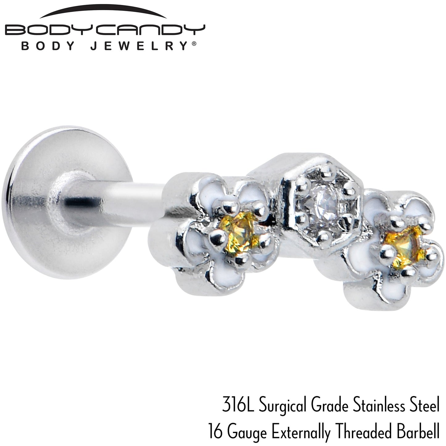 16G 5/16 Yellow CZ Gem Honeycomb Flower Labret Monroe Tragus