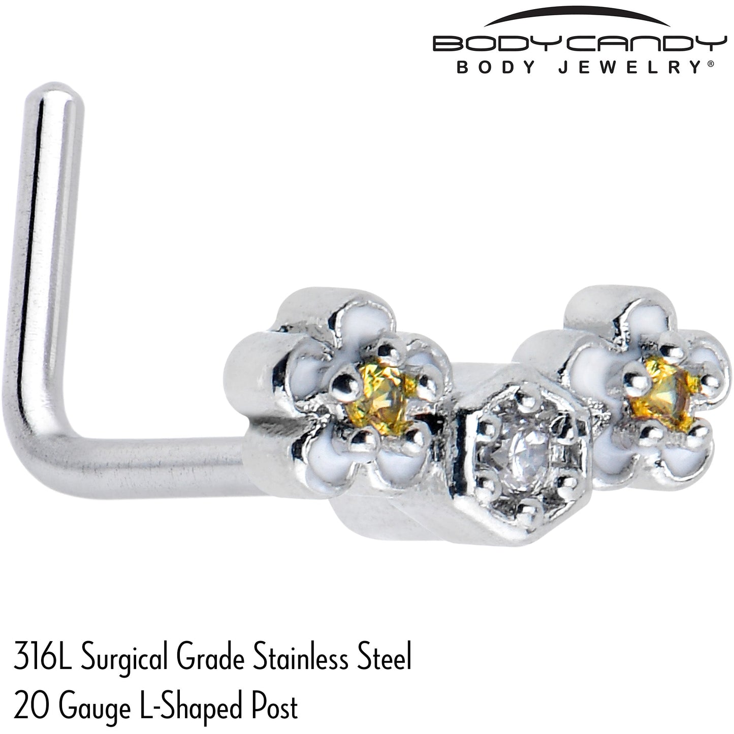 20G 7mm Yellow CZ Gem Flower Honeycomb L Shape Nose Ring
